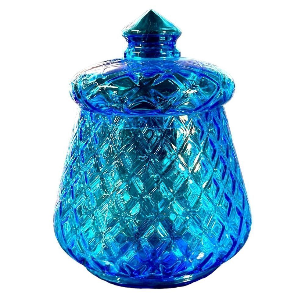 Vintage Rare Blue Diamond Optic Glass Apothecary Jar Candy Dish With Lid 7"